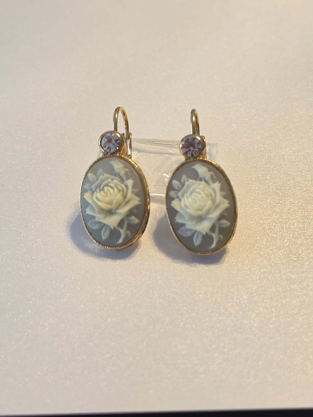 Avon Gold-Tone Cameo Rose Drop Earrings - Ivory Rose on Blue Gray - Picture 6 of 10
